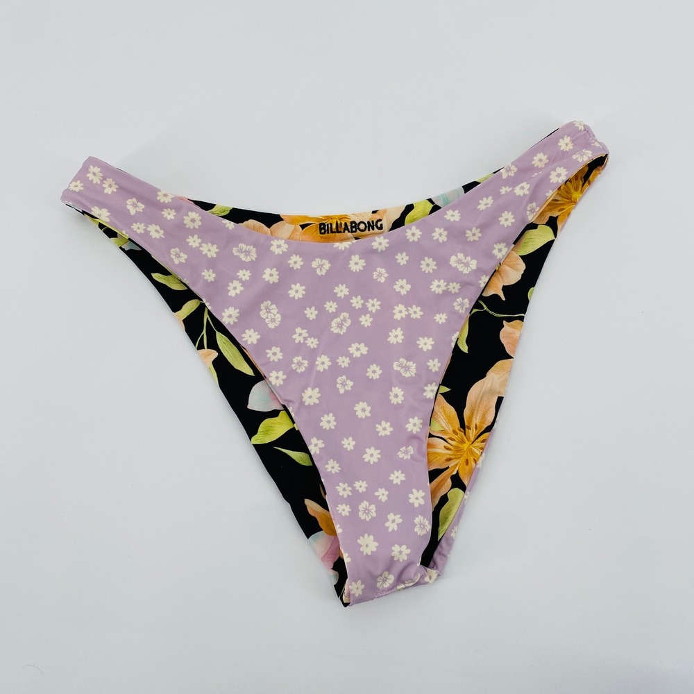 Billabong Bikini Bottoms Womens Medium Black Purple Reversible Floral High Leg - Picture 3 of 4